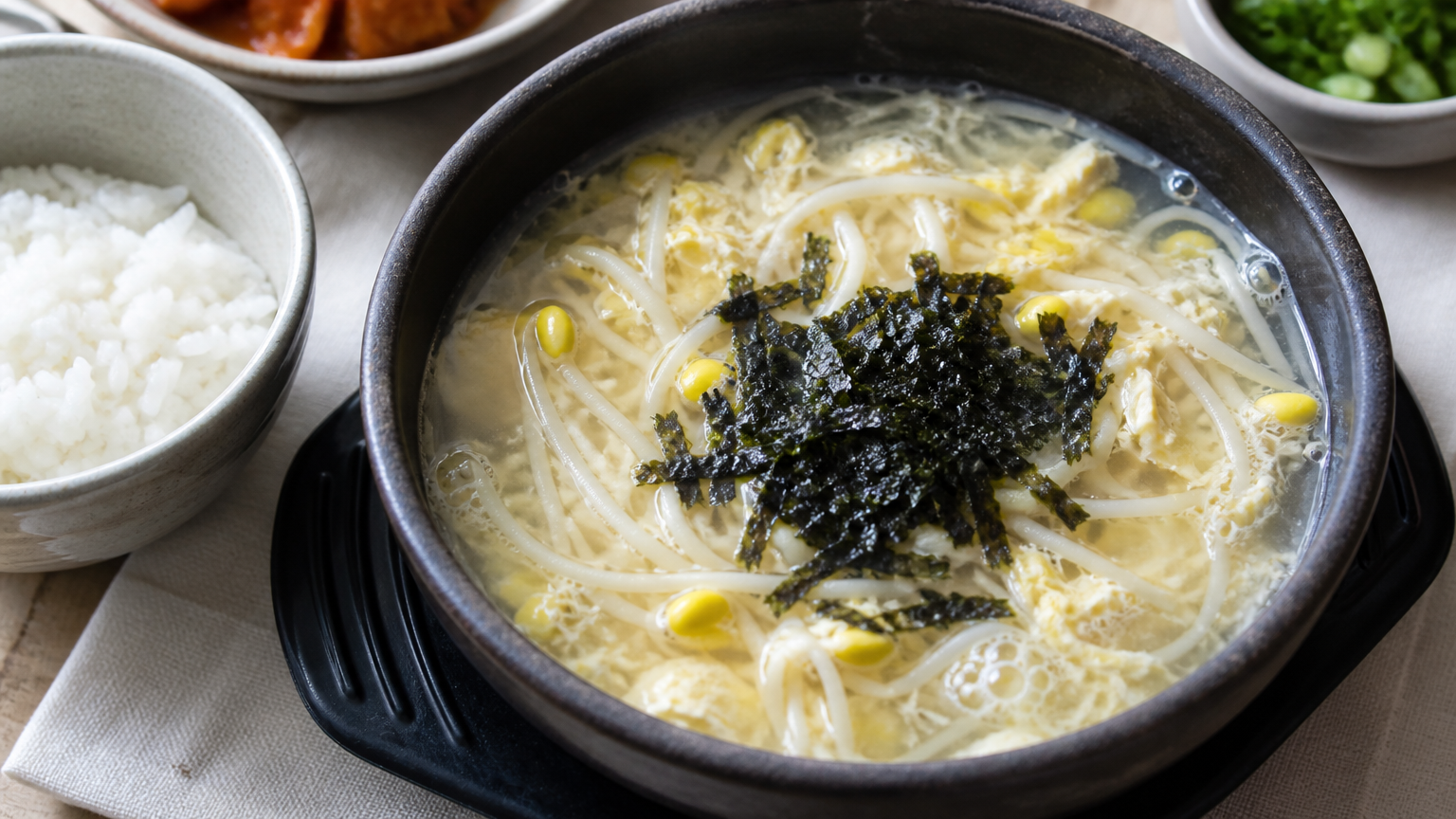 Kongnamul-gukbap. Bean sprouts, clear broth, egg, rice. The one I order most.