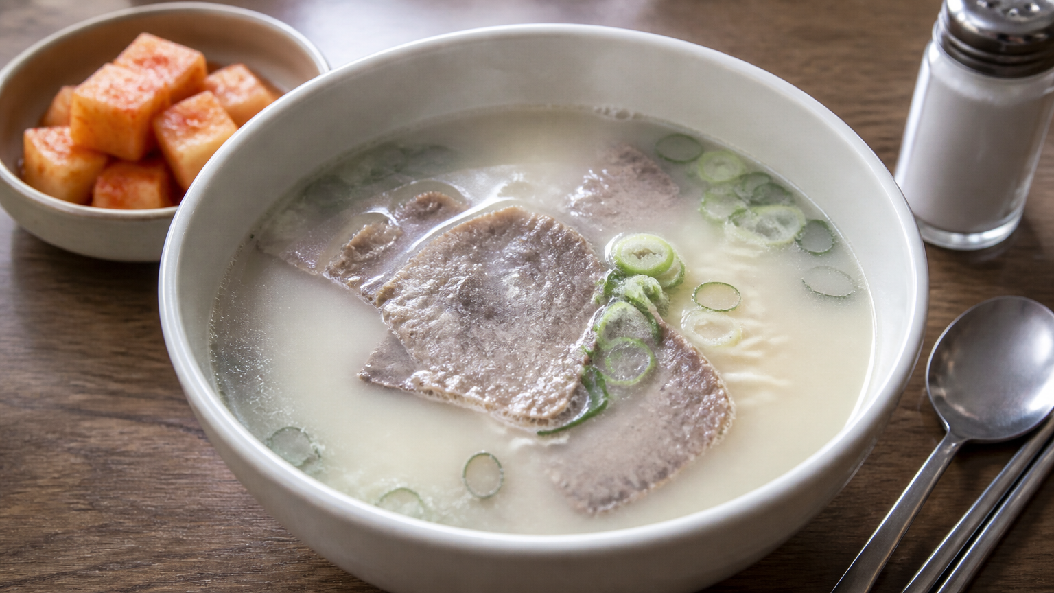 Seolleongtang. It arrives underseasoned on purpose, and you salt it yourself.