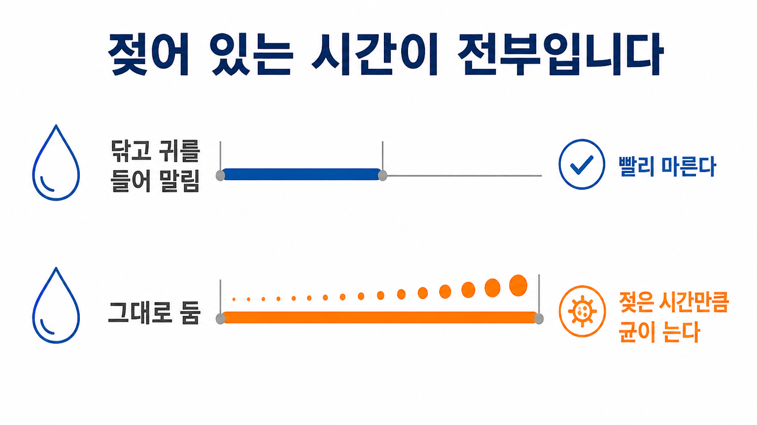 닦고 말렸을 때와 그대로 둘 때 젖어 있는 시간의 차이 (댕묘 작성)
