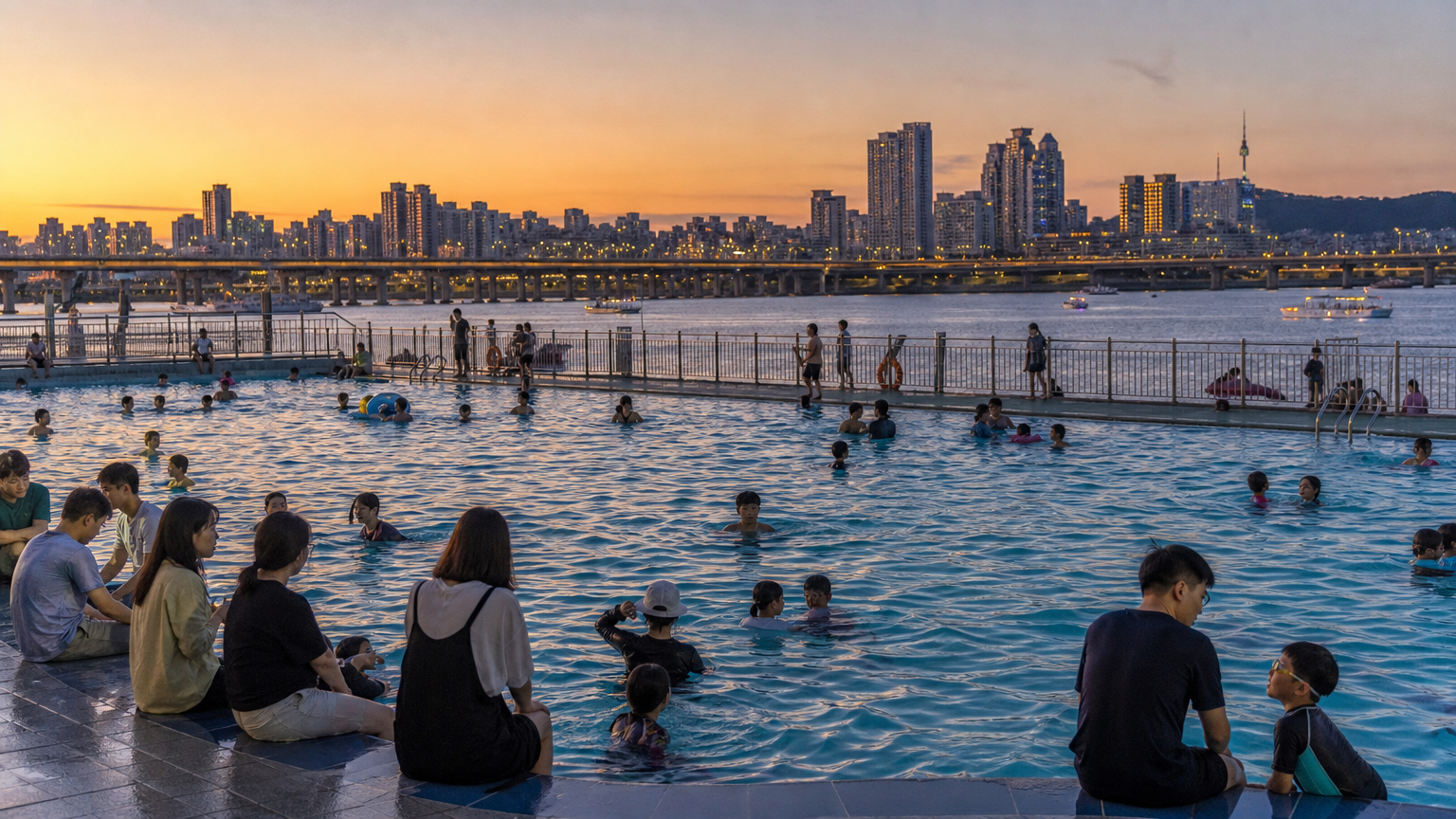 A Hangang outdoor pool at dusk, with the river and the Seoul skyline behind it. Illustrative image.