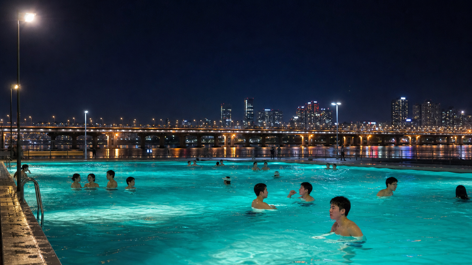 Night swimming with the bridge lights on the river behind. Illustrative image.