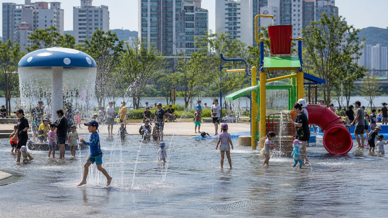 A riverside water playground: ankle-deep water, sprays, and a 1,000 won ticket for a child. Illustrative image.
