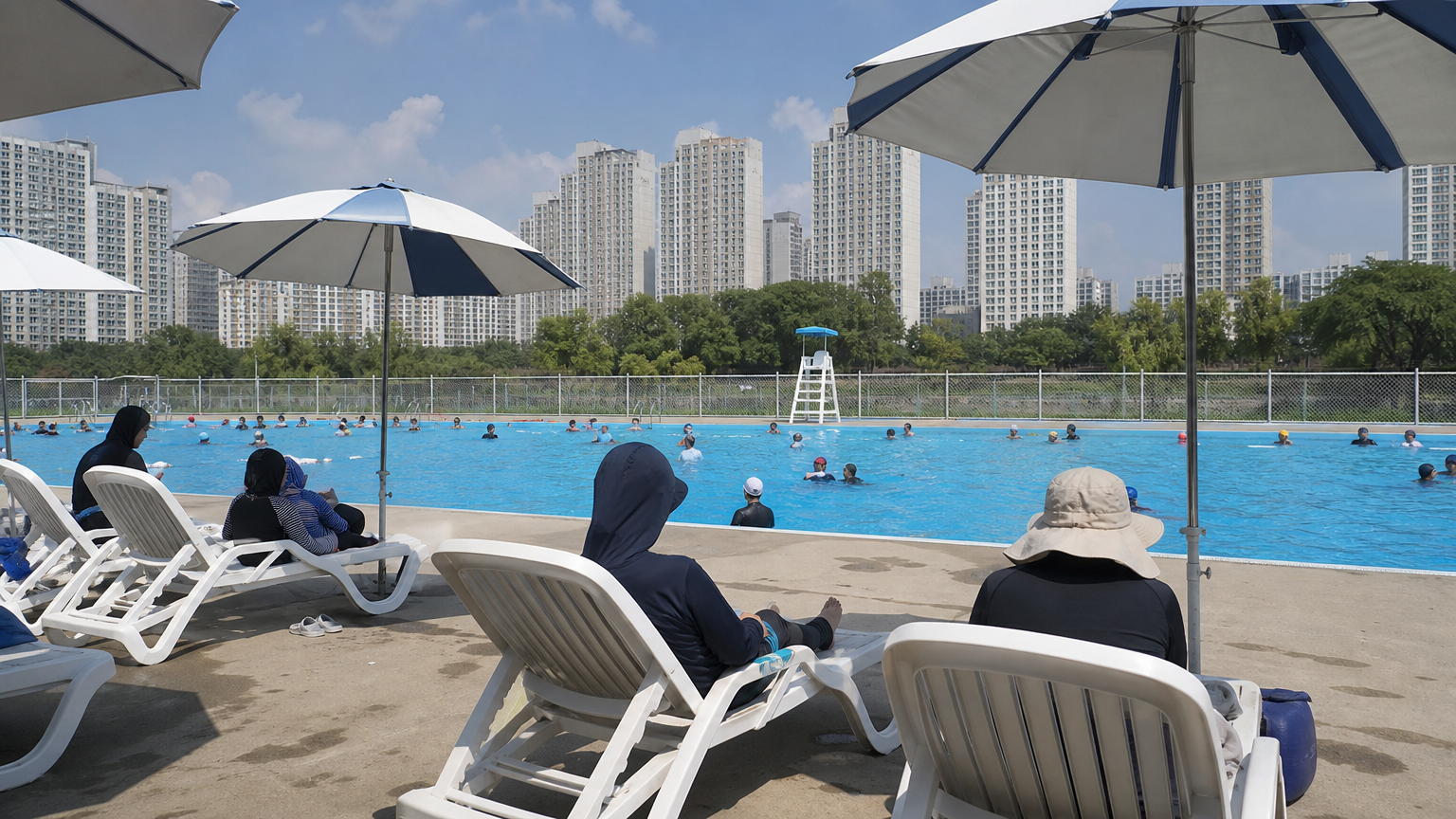 Afternoon at a municipal pool: parasols, rash guards, sun hats. Illustrative image.