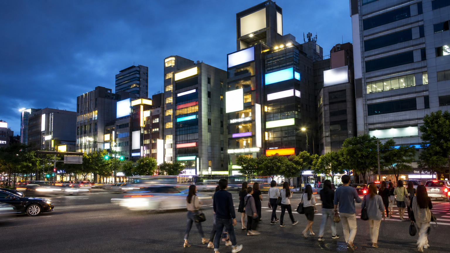 Gangnam at dusk. Most of the lit signs above street level are clinics. Illustrative image.