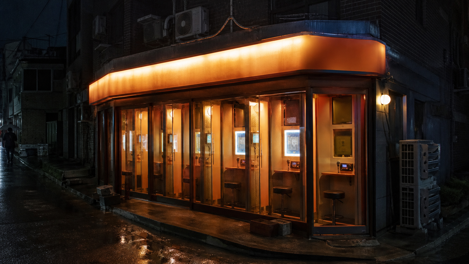 A coin karaoke arcade on a Seoul side street after dark. Illustrative image.