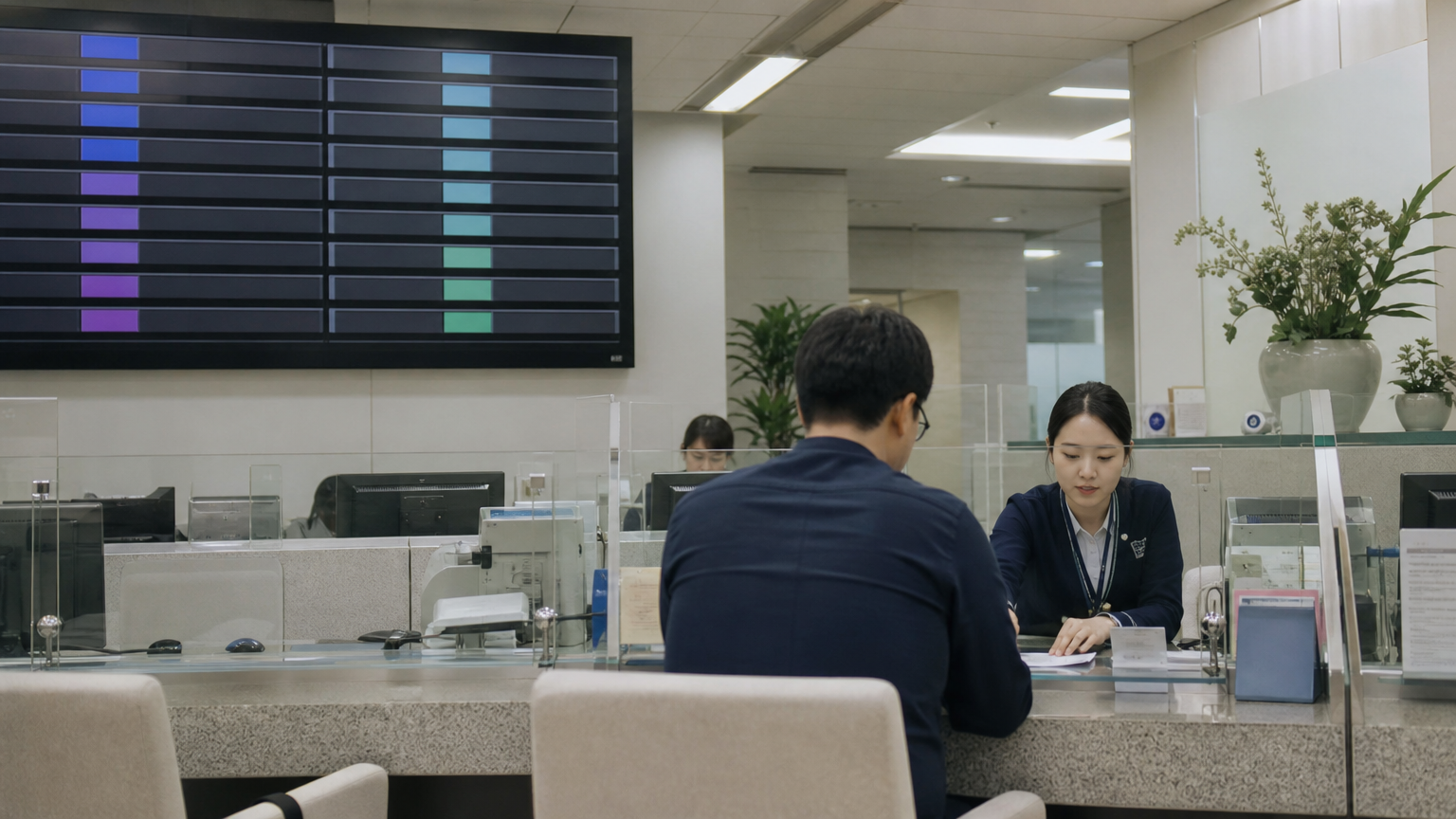 A bank branch rate board shows the mid, buying and selling rates together. Illustrative image.