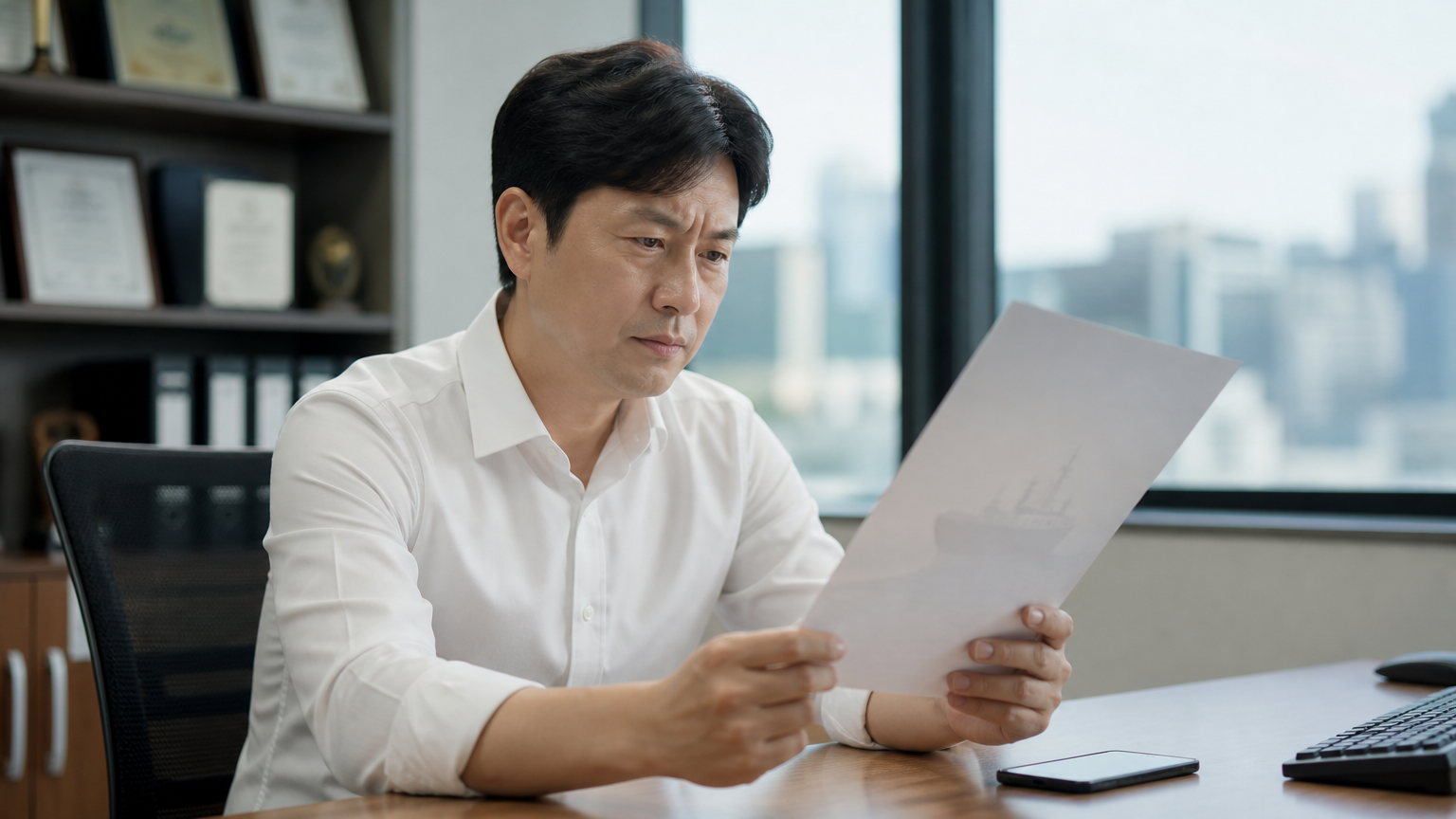 증권을 꺼내 담보 조건을 확인하는 모습