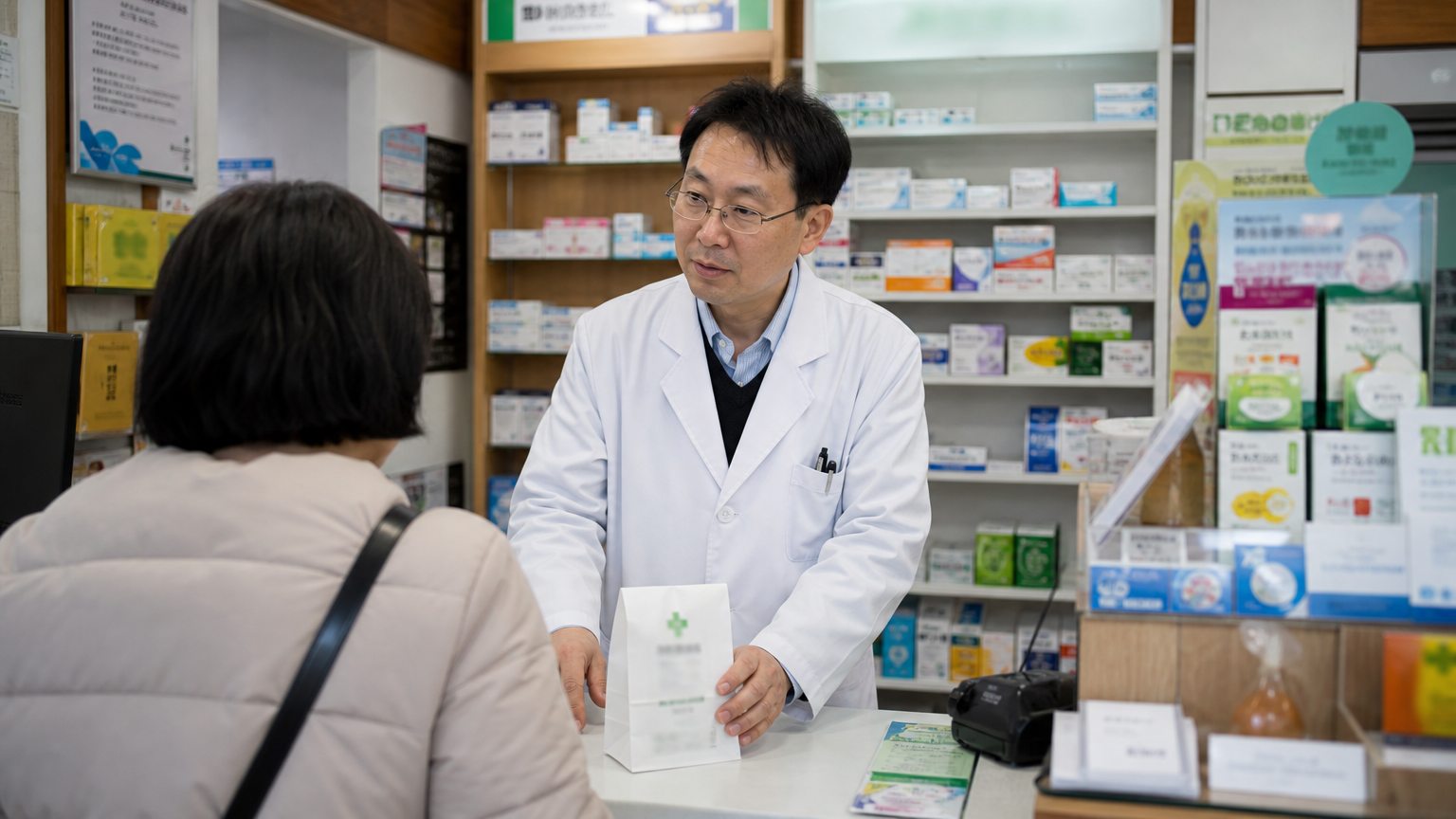 The pharmacy is a separate shop — usually downstairs or directly across the street