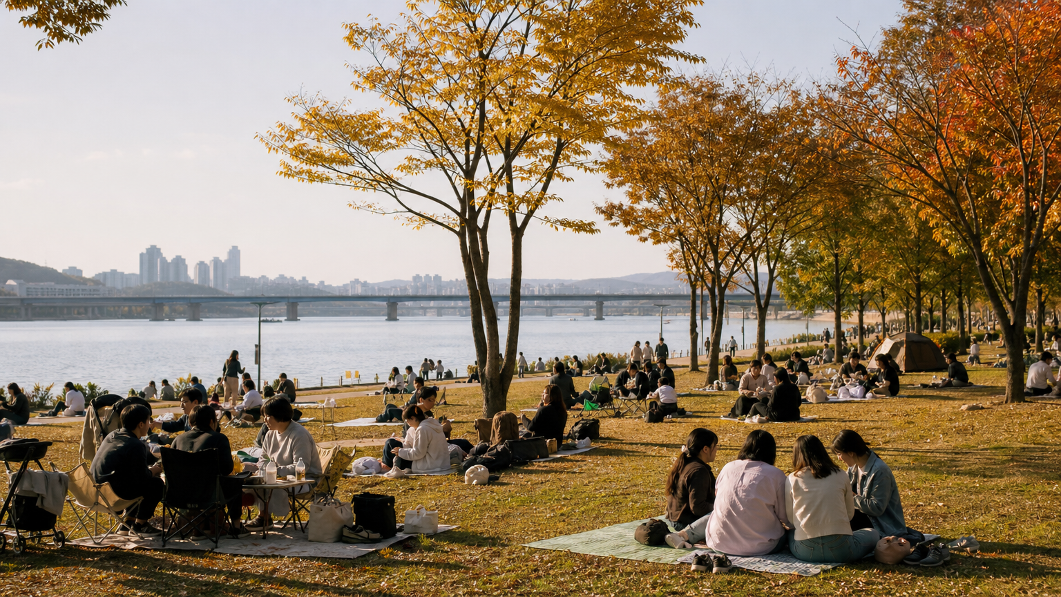 A Han River park in autumn — the season the country moves back outdoors