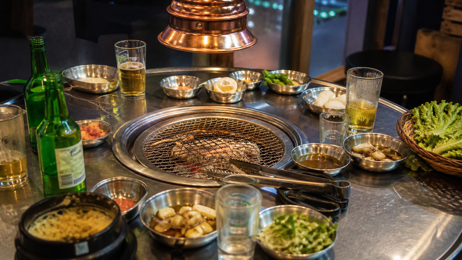 A Korean grill table — drinking here comes with food, always