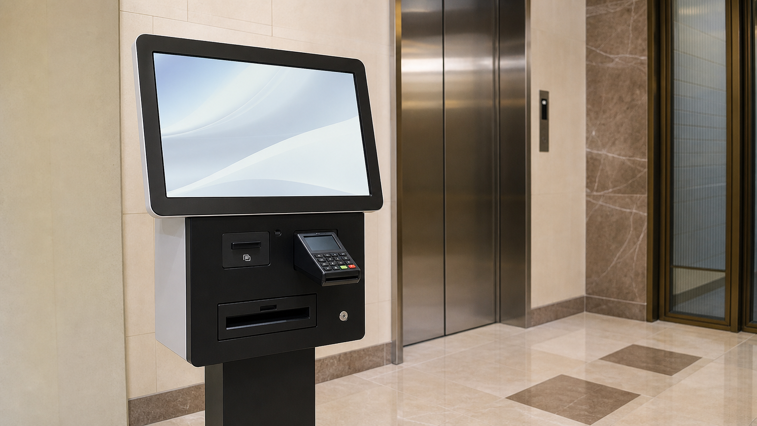 Check-in is a machine in the entrance, not a person at a desk. Illustrative image.