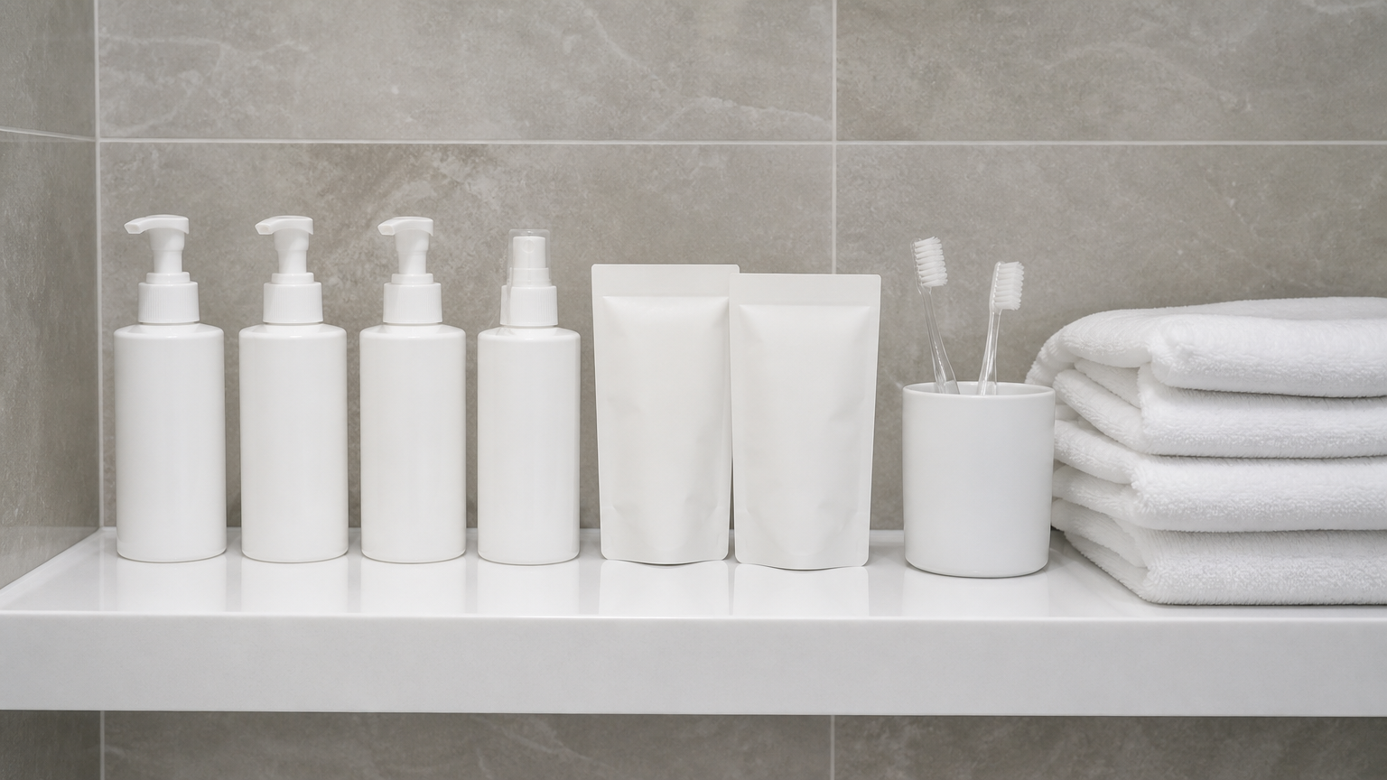 The toiletries shelf borders on excessive. Illustrative image.
