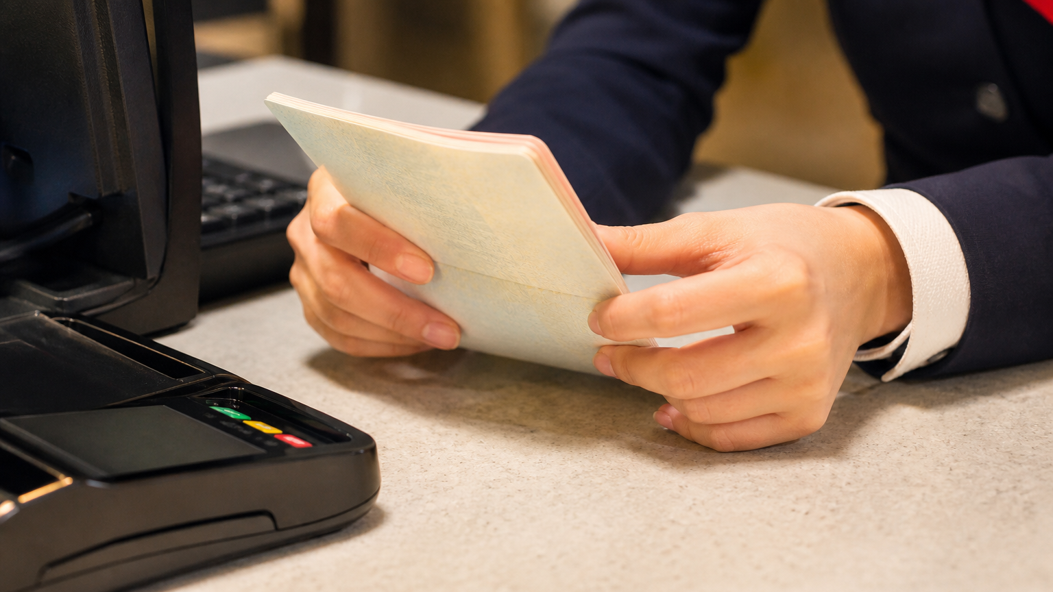 The document check is why it takes a few minutes at a desk. Illustrative image.