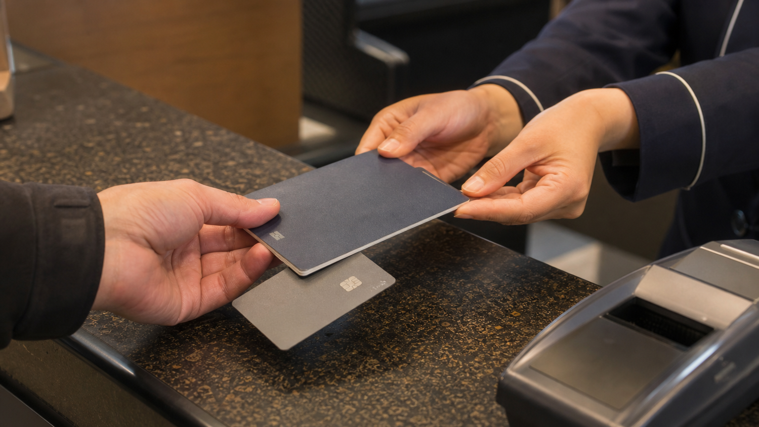 Passport and card at the counter, with the deposit behind them. Illustrative image.