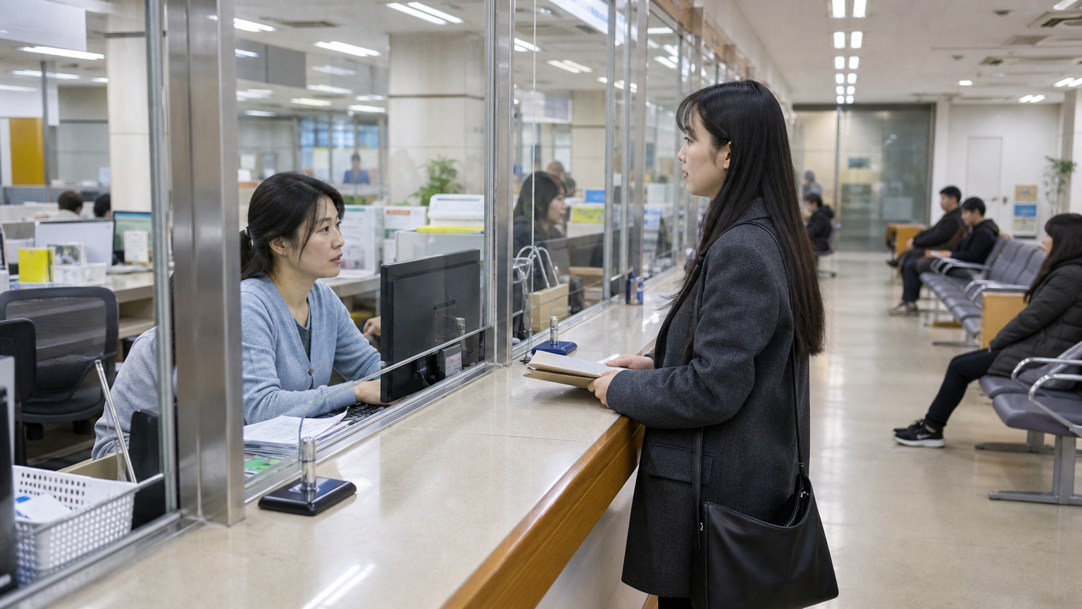 The counter at a neighbourhood community service centre, where both errands are done. Illustration generated for Jeong, Korea.