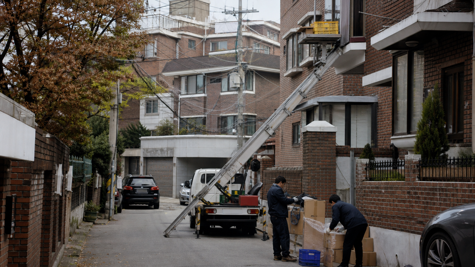 A ladder-lift truck at work on a residential lane. Illustration generated for Jeong, Korea.