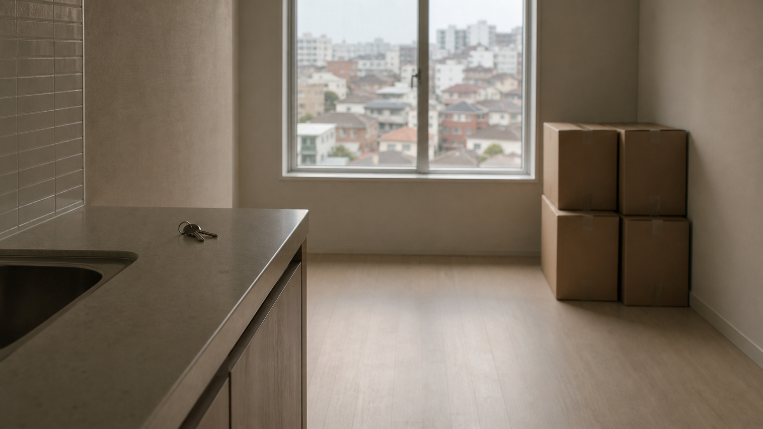 An empty one-room studio on moving day. Illustration generated for Jeong, Korea.