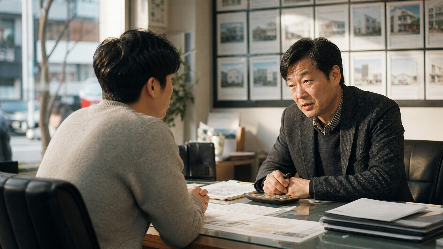 At the agent's desk. Illustration generated for Jeong, Korea.