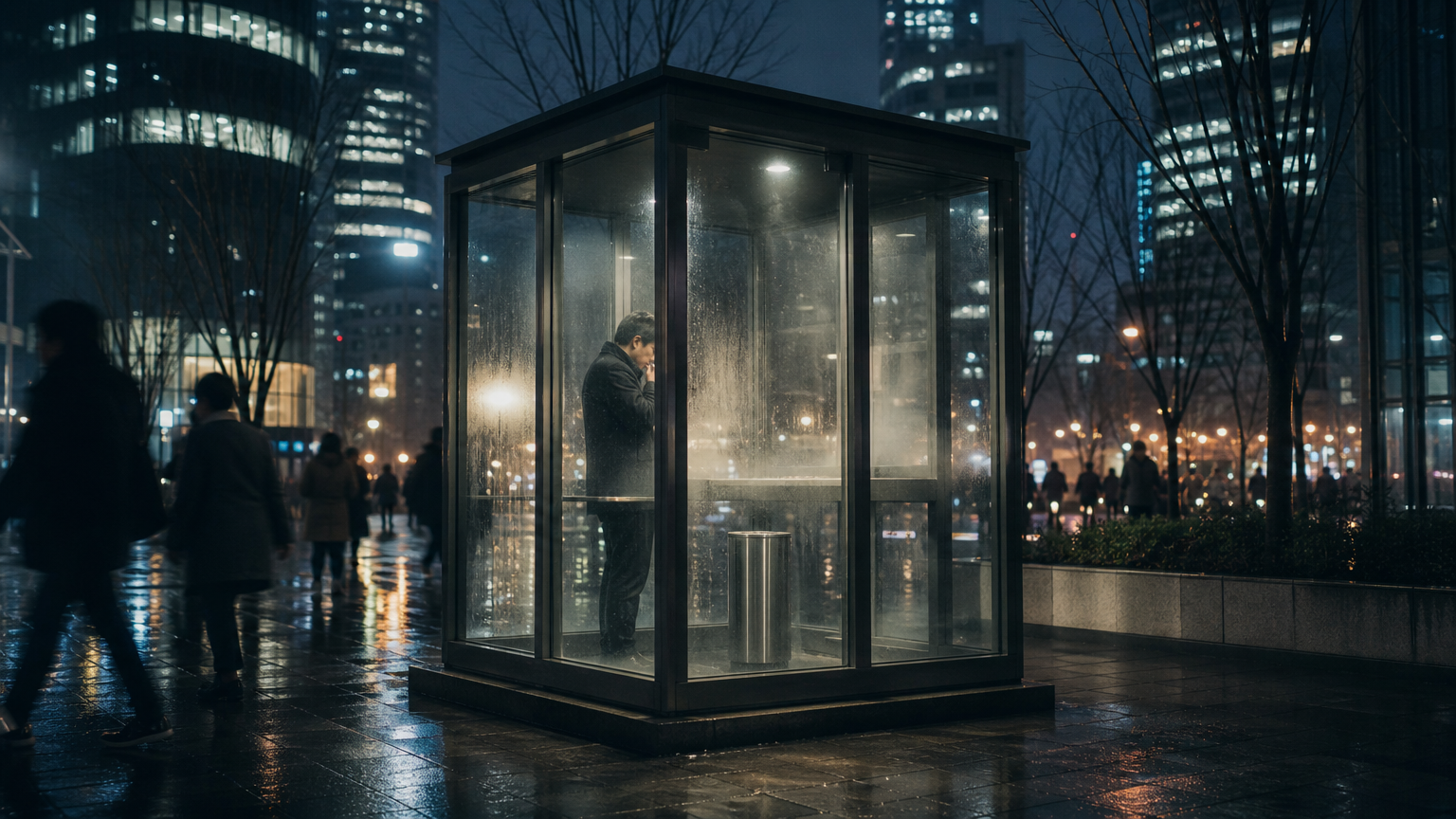 A lit outdoor smoking booth on a city pavement at night. Illustration generated for Jeong, Korea.