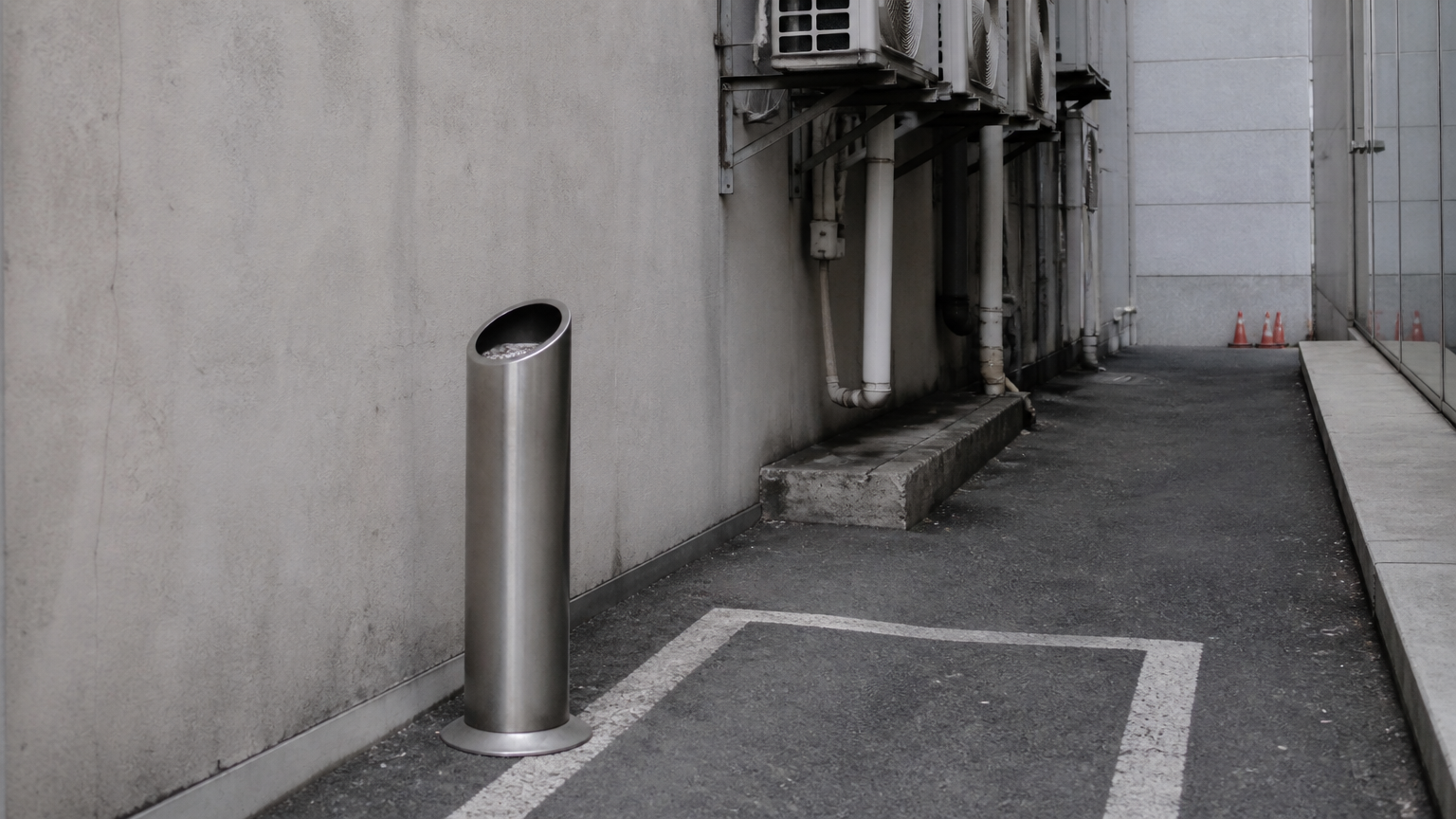 A standing ashtray and a painted rectangle behind an office building. Illustration generated for Jeong, Korea.