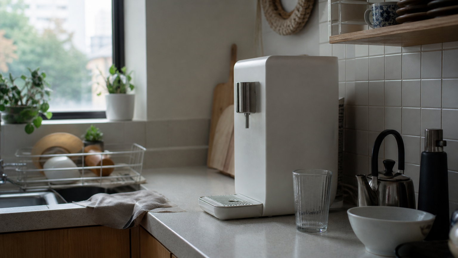 A countertop purifier in an ordinary Korean kitchen. Illustration generated for Jeong, Korea.