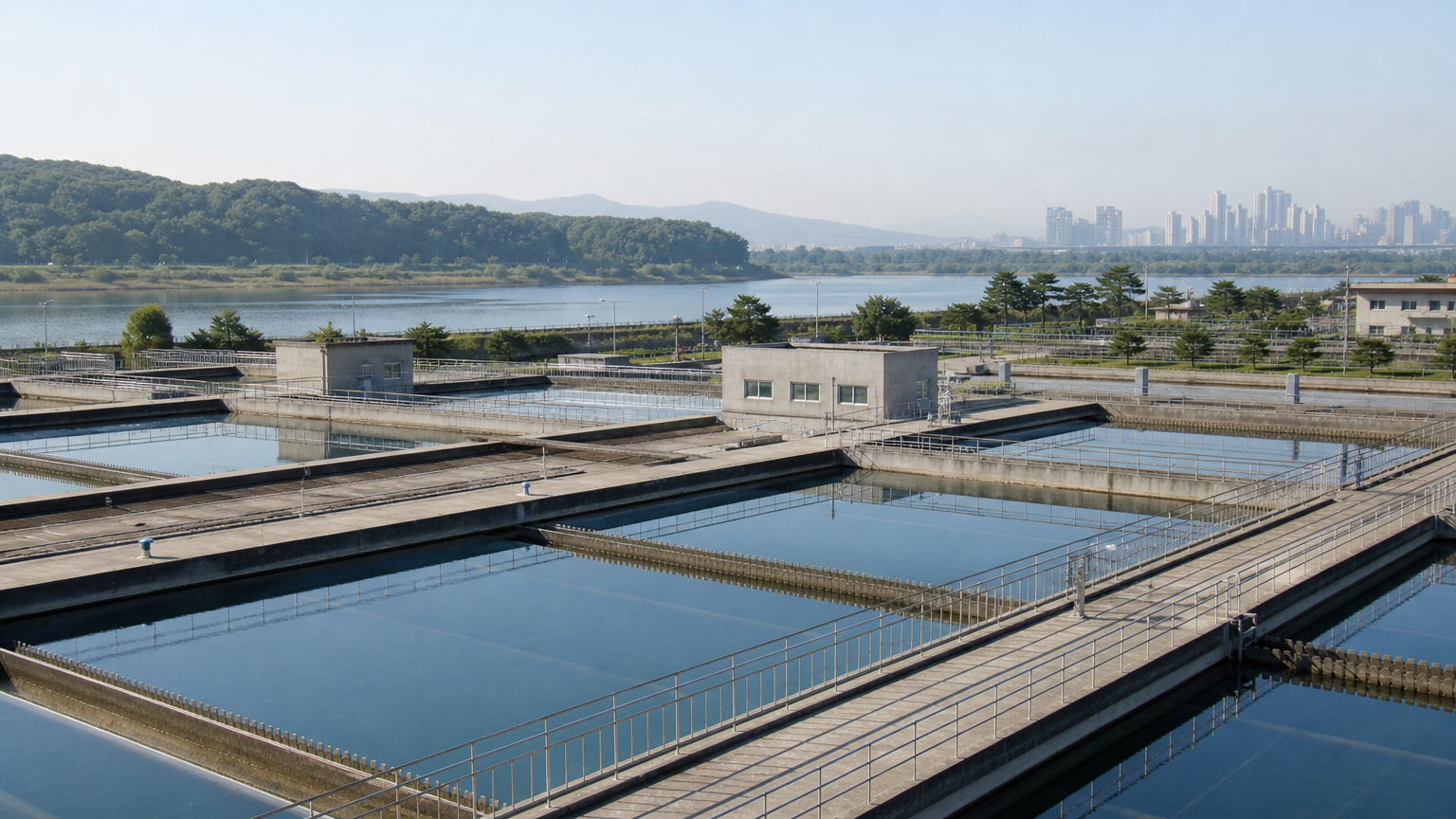 A municipal water treatment plant. This is the part of the journey the law regulates. Illustration generated for Jeong, Korea.