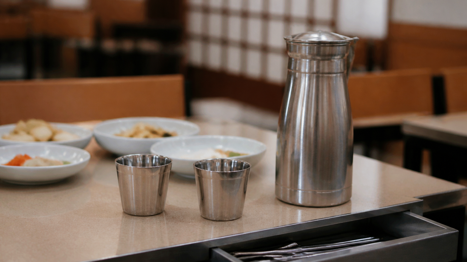 The stainless jug on the table, brought without asking. Illustration generated for Jeong, Korea.