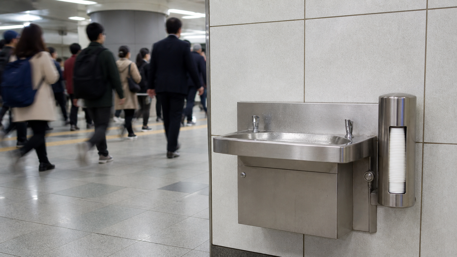 A public drinking fountain in a subway station concourse. Illustration generated for Jeong, Korea.