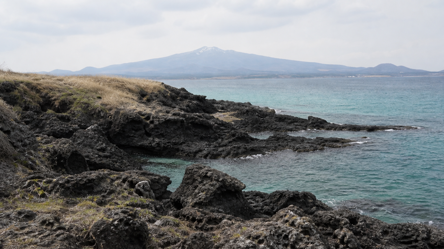 Jeju's volcanic coastline, with Hallasan behind. Illustration generated for Jeong, Korea.