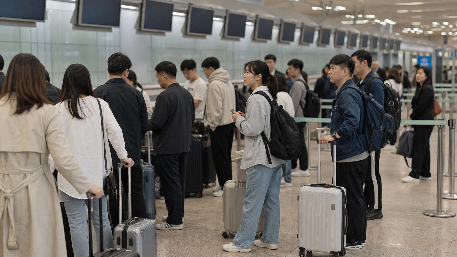 A domestic departure hall on an ordinary weekday. Illustration generated for Jeong, Korea.