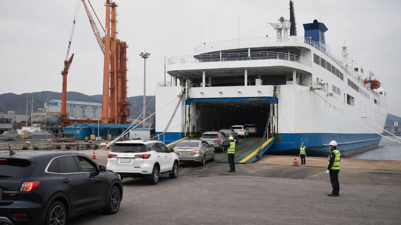 Cars loading at a southern port. The crossing starts here, not in Seoul. Illustration generated for Jeong, Korea.