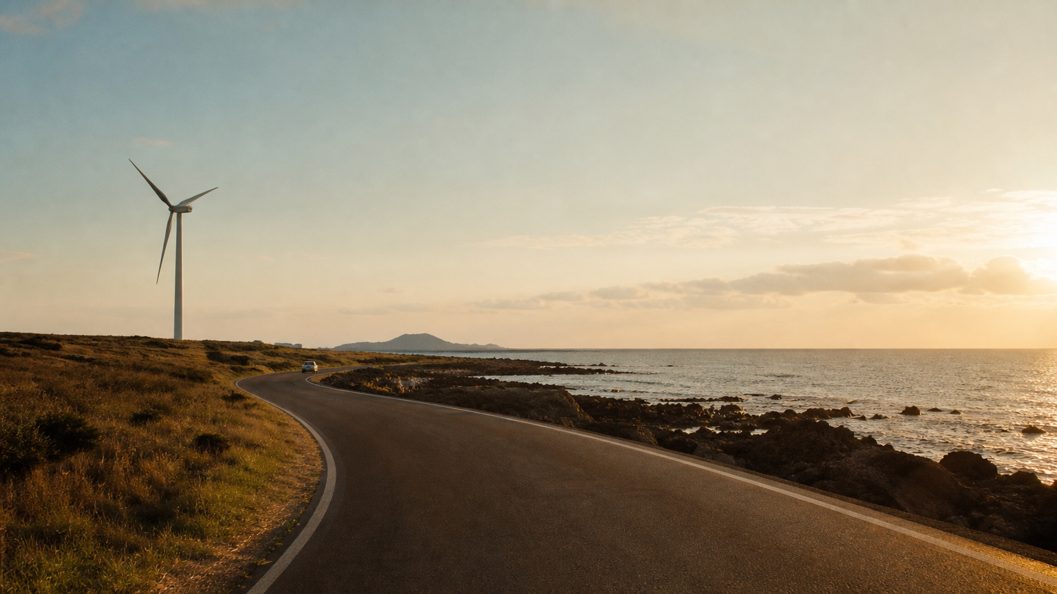 The coastal road at golden hour. Illustration generated for Jeong, Korea.