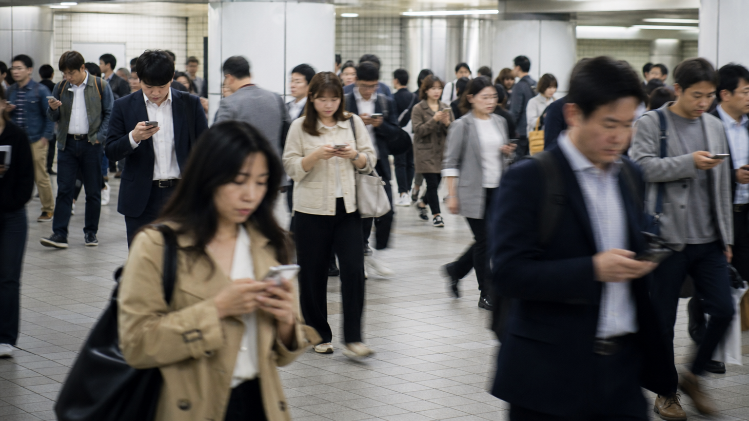 Everyone checking at once is how you know it was a broadcast. Illustration generated for Jeong, Korea.