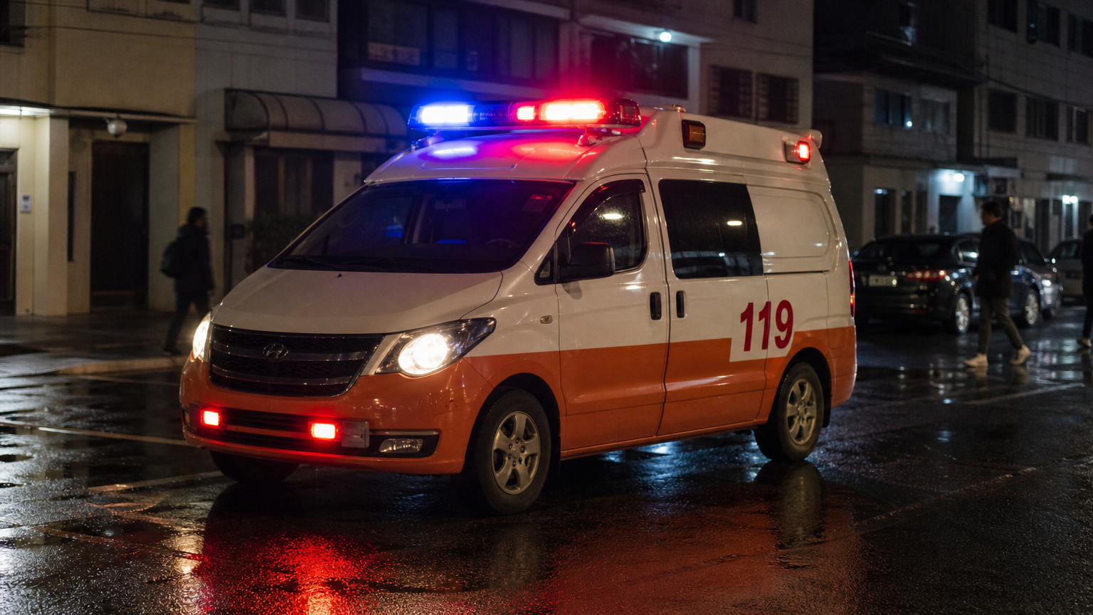 A 119 ambulance on a city street at night. Illustration generated for Jeong, Korea.
