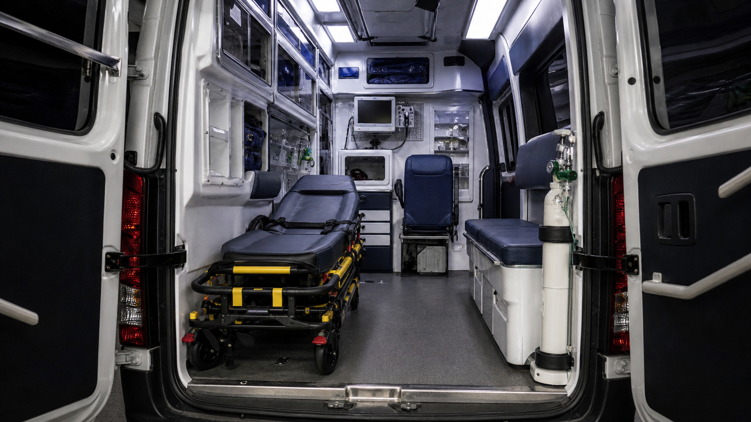 Inside an ambulance. Illustration generated for Jeong, Korea.
