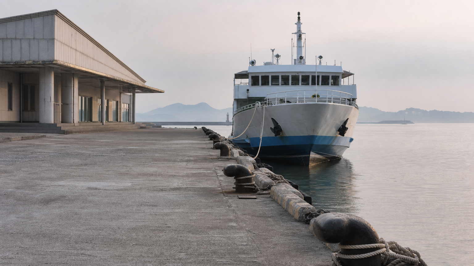 A south-coast ferry terminal early in the morning — where the crossing actually starts.