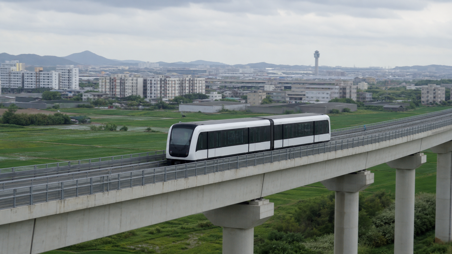 The light rail line out to the airport — a train ride, not a taxi fare.
