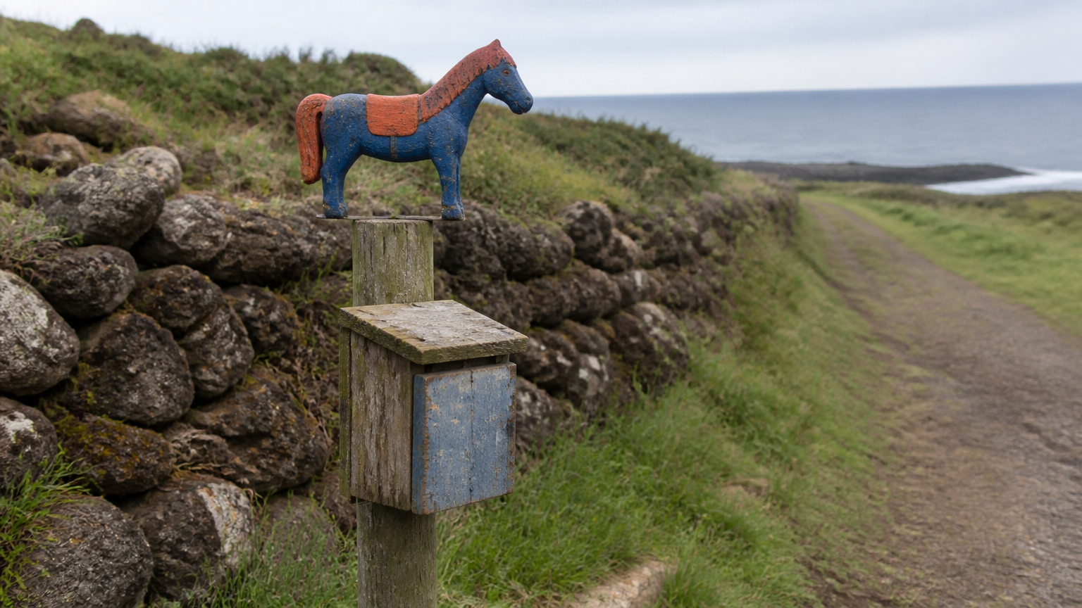 A ganse — the wooden pony that doubles as a stamp post.
