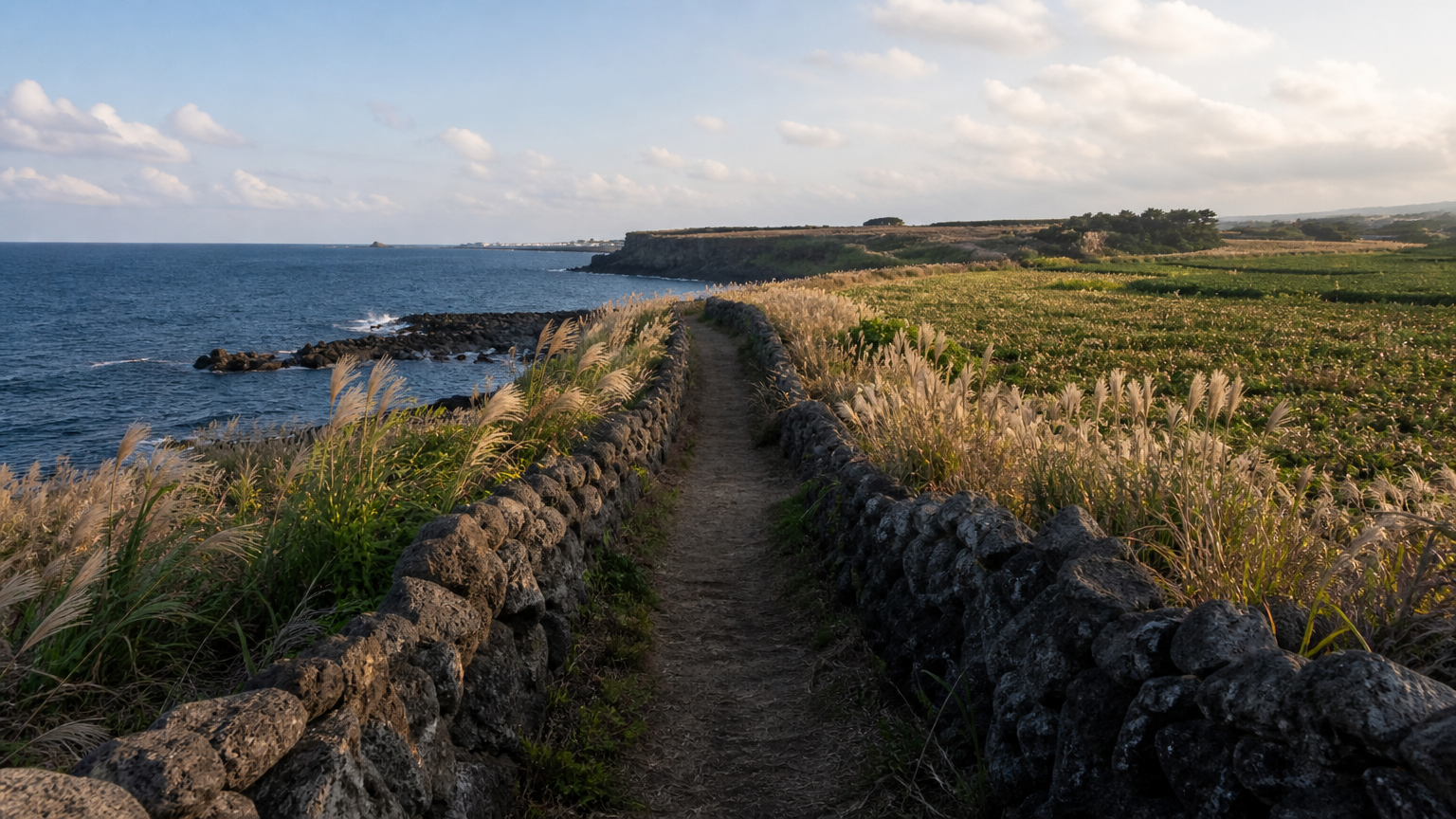 Most of the trail looks like this — wall, grass, sea.