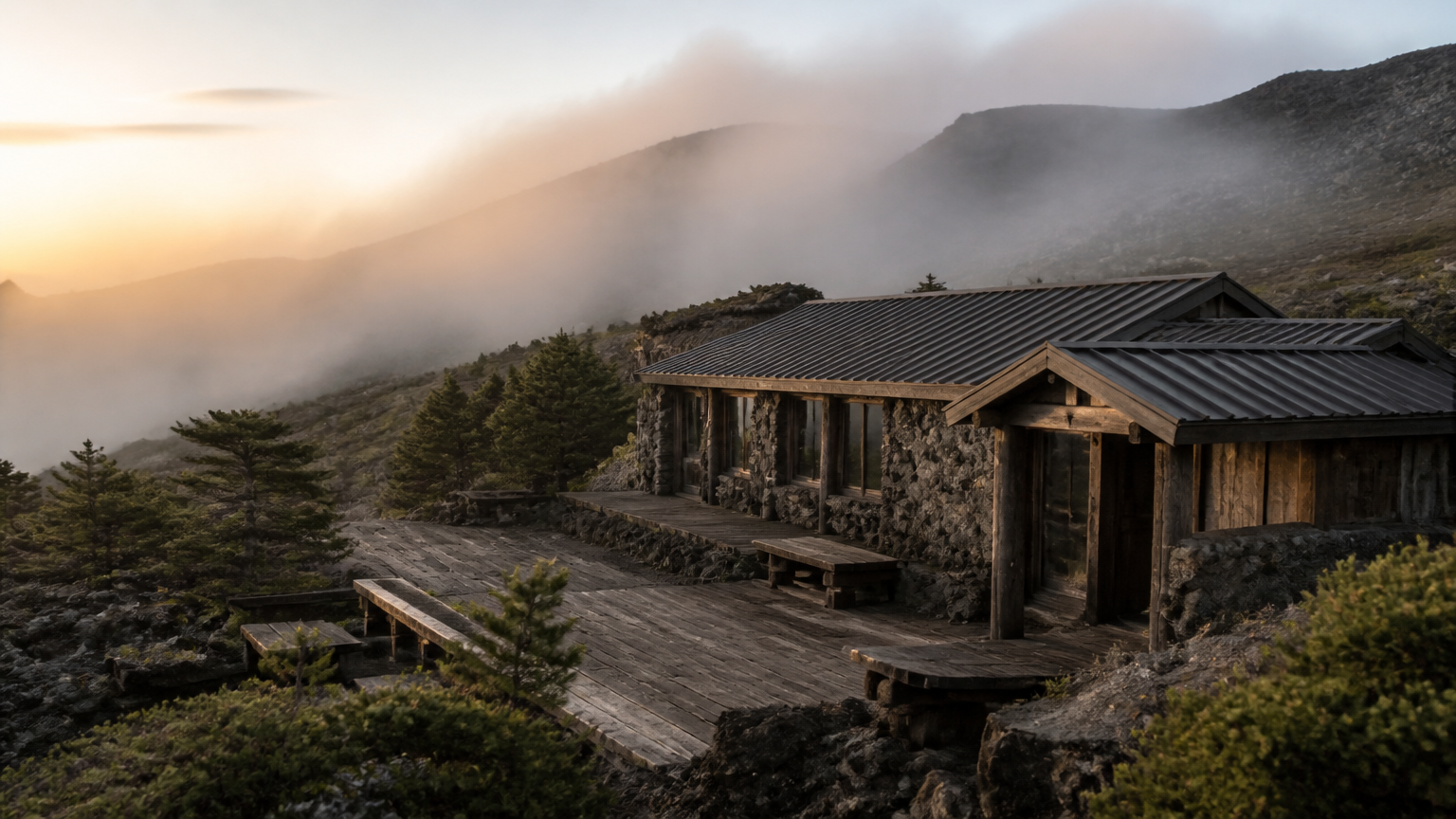 A shelter at the treeline — where the checkpoint sits on both summit routes.