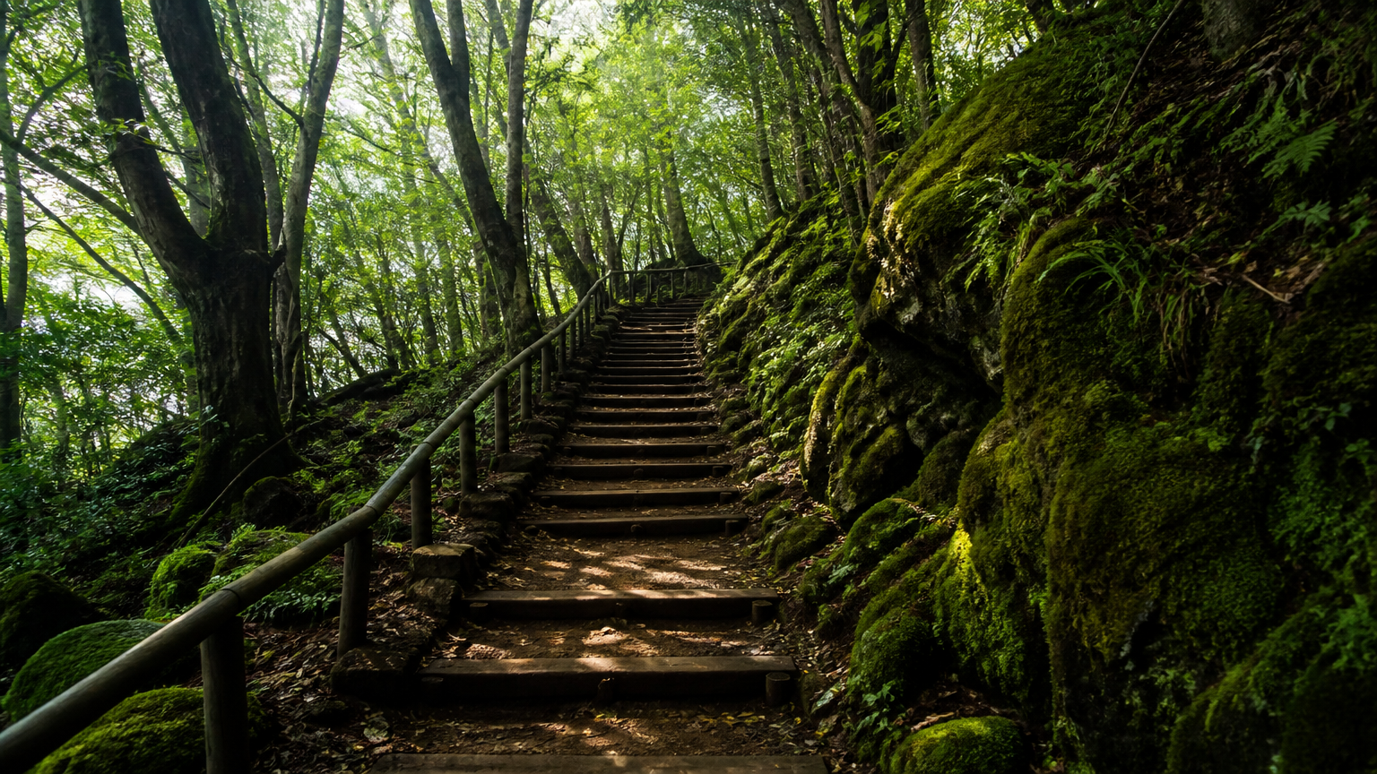 The long forested climb on Seongpanak.