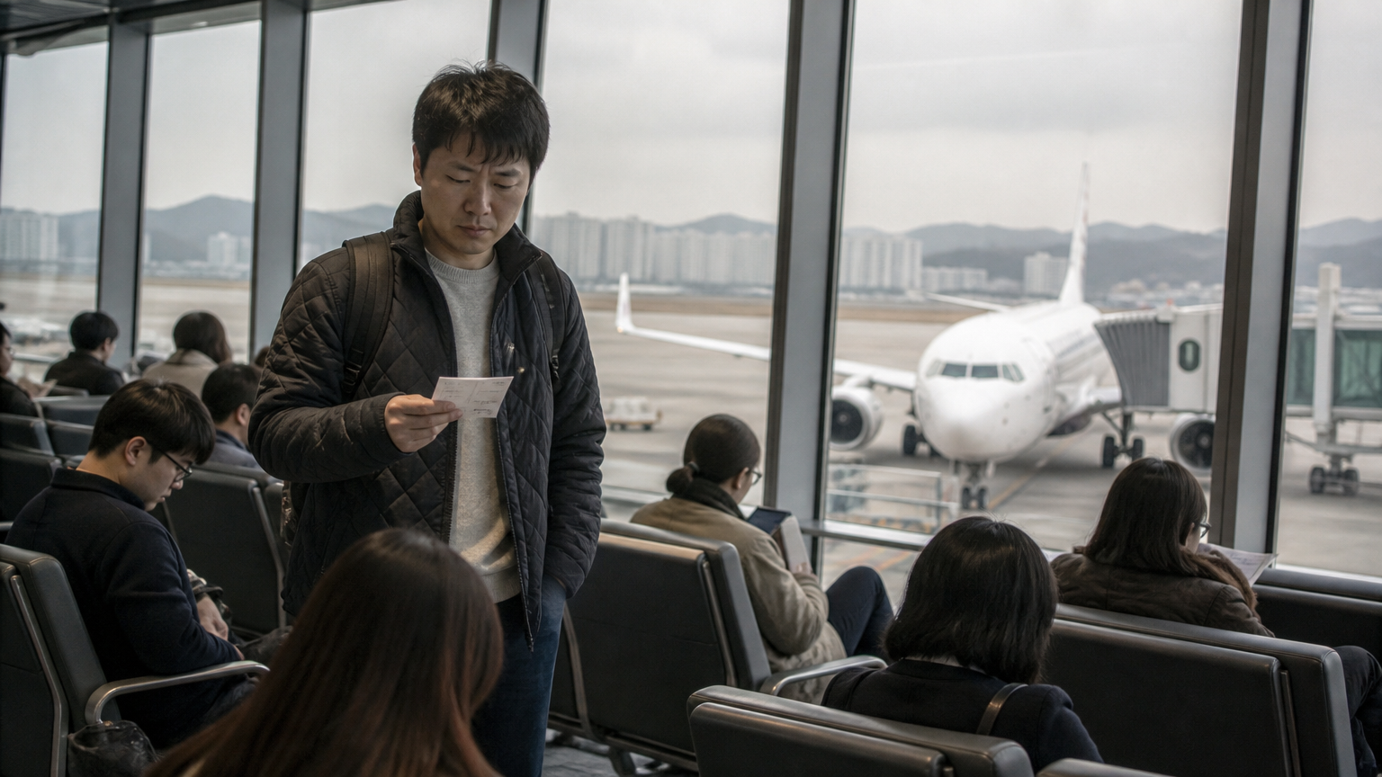 A domestic departure gate in Korea. The queue has formed, and the paper in his hand already says when he should join it.