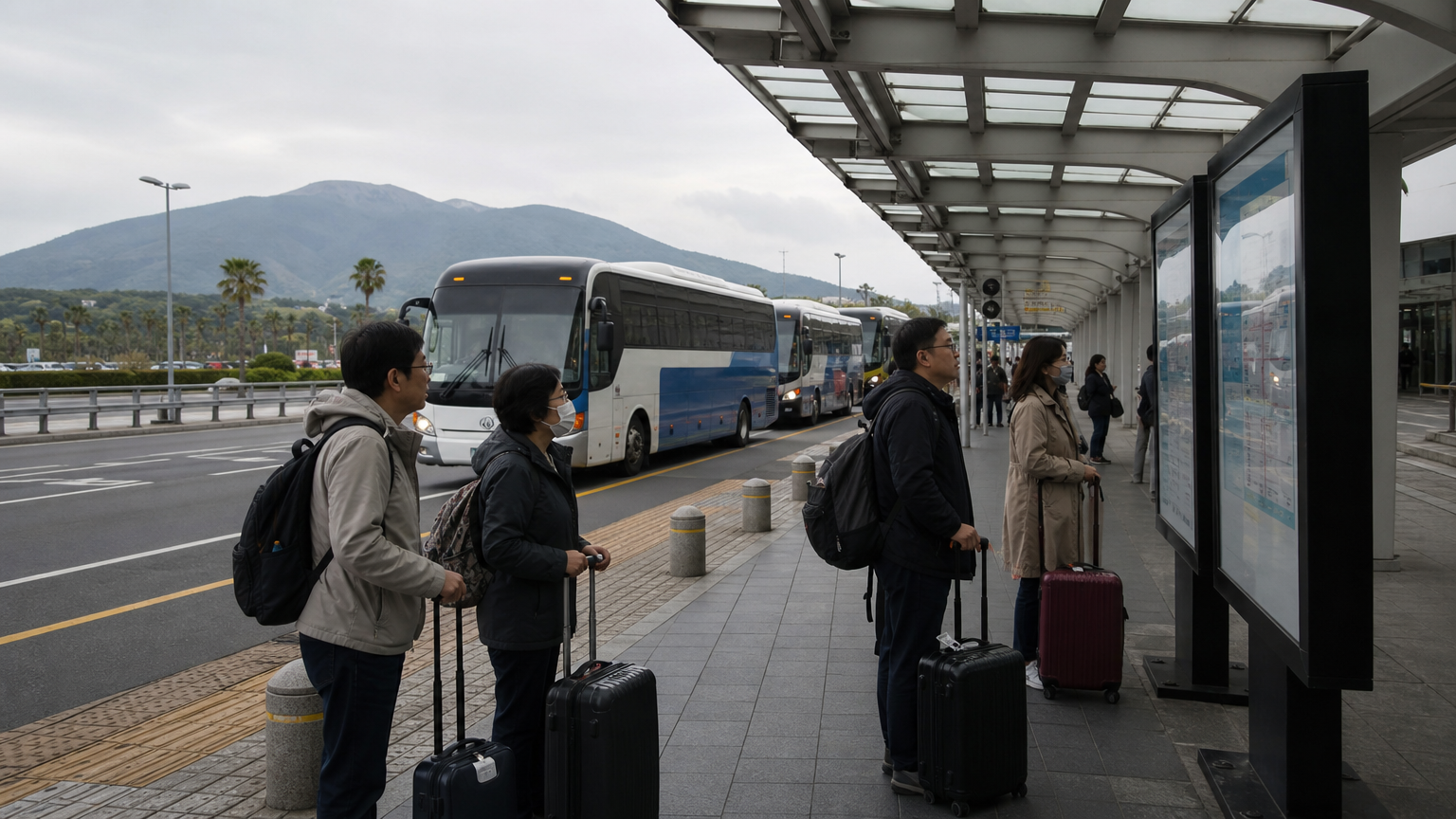 The kerb outside Jeju Airport arrivals. This is the whole transport system.