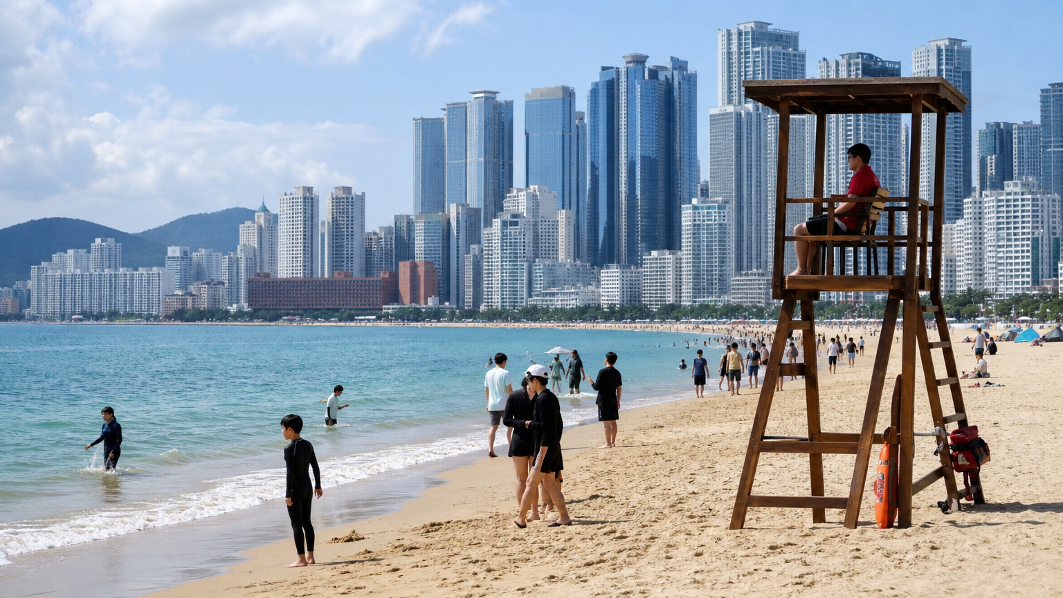 Haeundae in early September. The towers are still staffed and the water is still supervised.