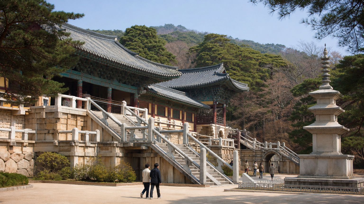Bulguksa Temple, on the flank of Mount Toham. Seokguram sits further up the same mountain.