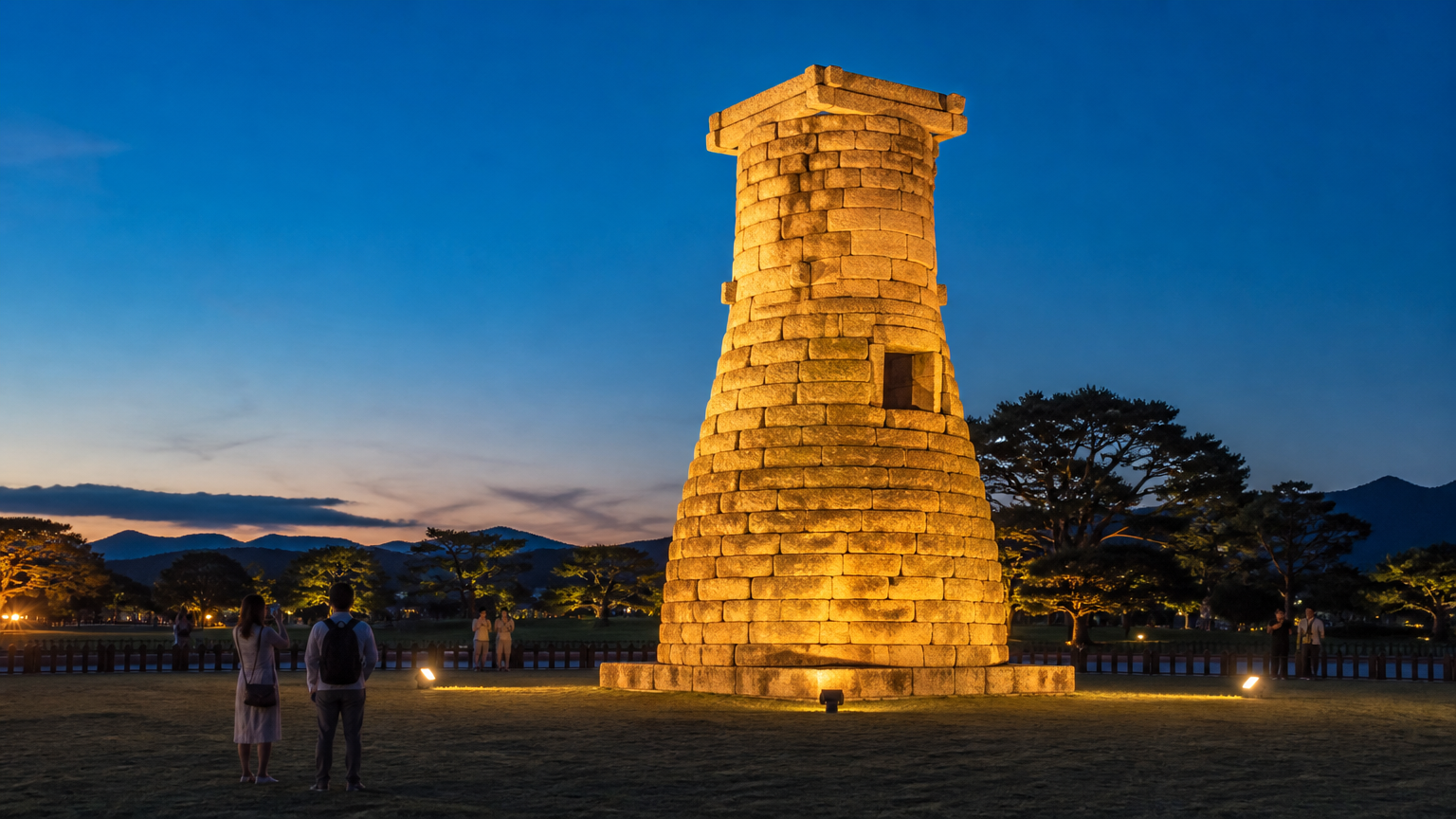 Cheomseongdae at dusk. It stands a few minutes' walk from the tombs, which is why the centre is the forgiving half.