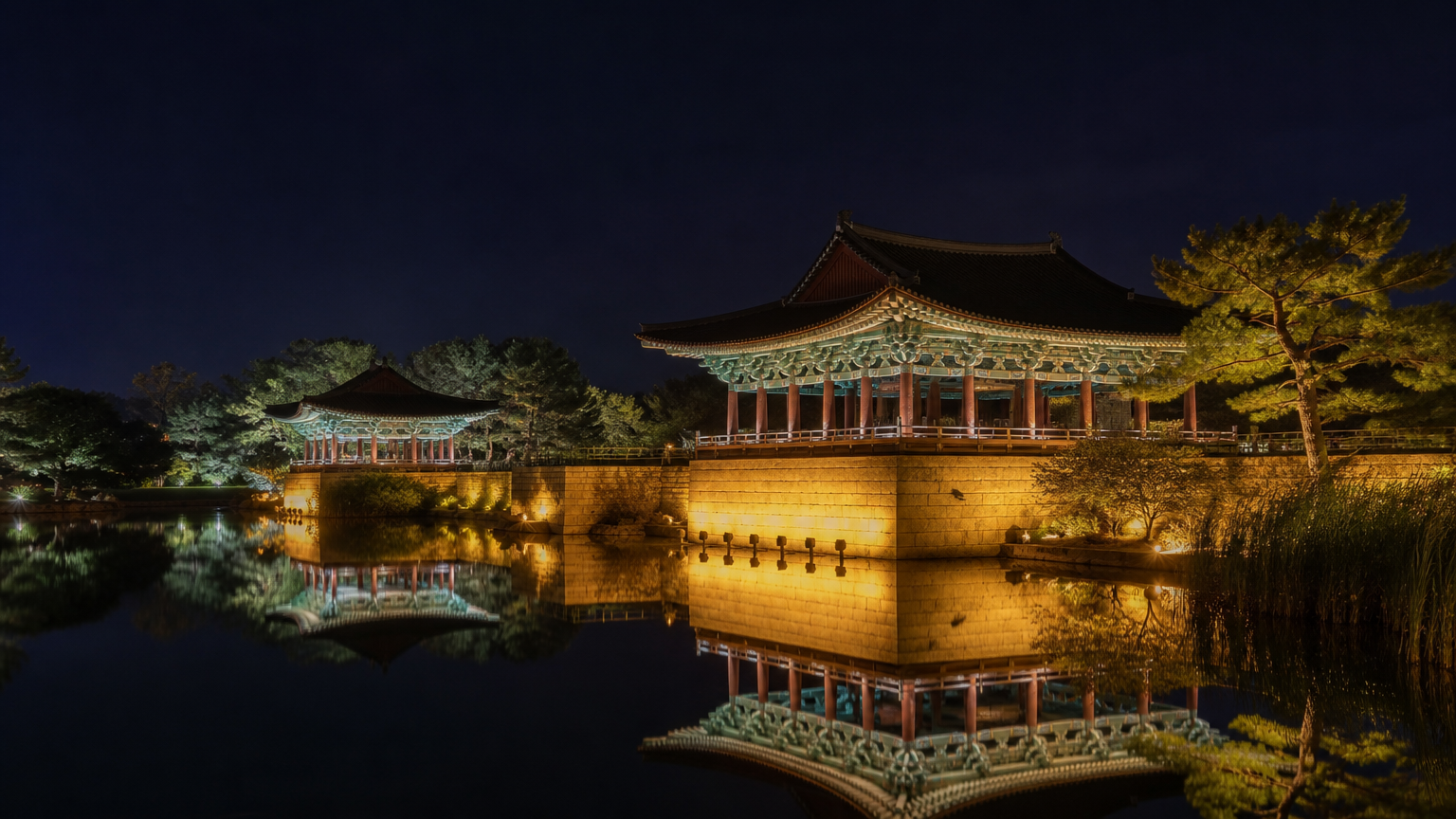 The palace pond after dark. This is the part a second day buys you, and the reason two days feels different rather than just longer.