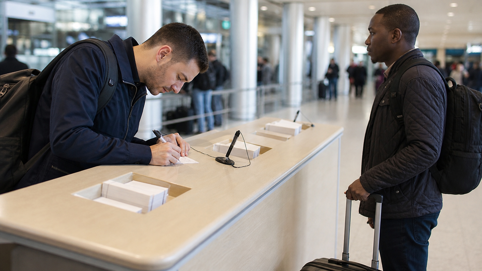 The writing counter before the immigration desks. This is the queue an approved K-ETA removes.