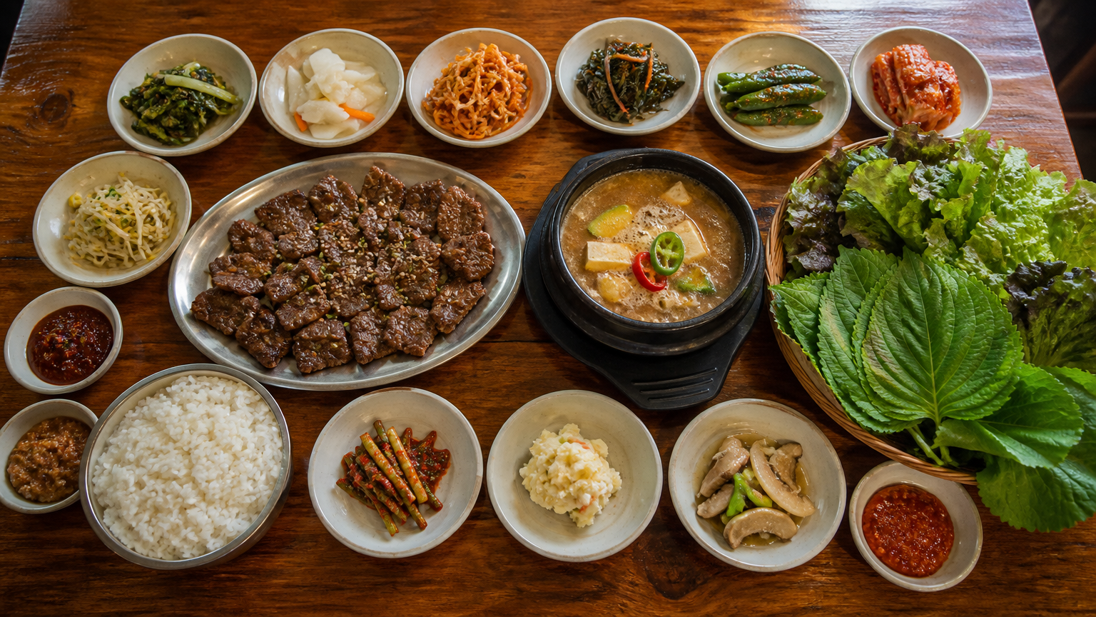 A ssambap table. The side dishes are the point rather than an afterthought.