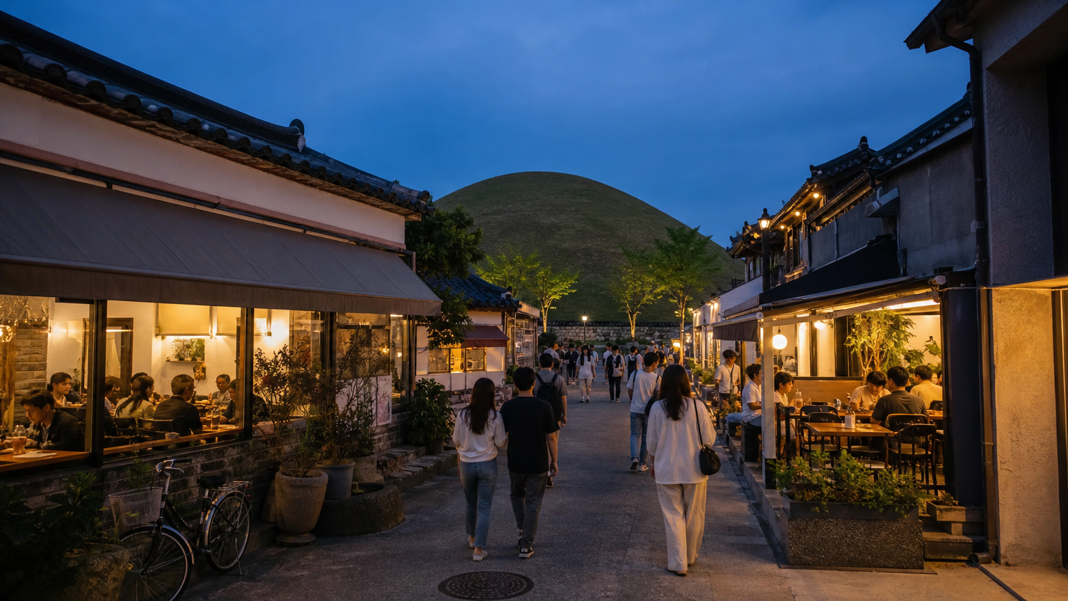 The restaurants sit among the tombs rather than away from them. That mound at the end of the street is the World Heritage zone.